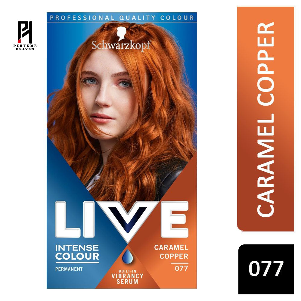 Schwarzkopf LIVE Intense Colour Caramel Copper Permanent Hair Dye 077, Long Lasting Red with Built-In Vibrancy Serum, Copper Red for up to 100% Grey Coverage