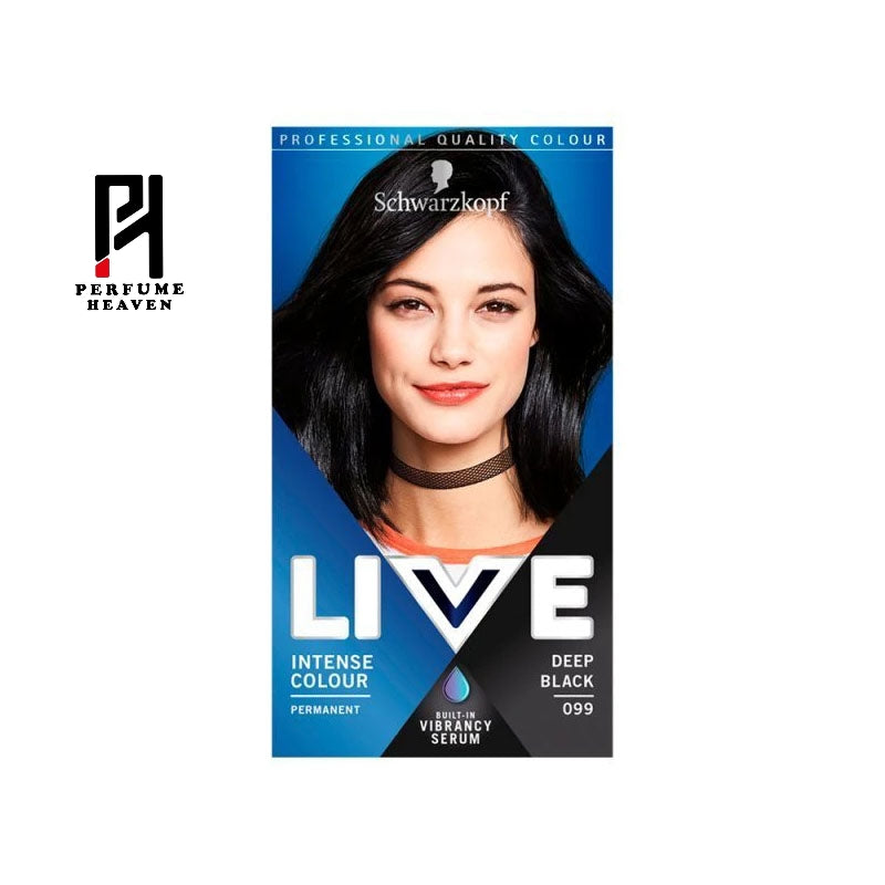 Schwarzkopf LIVE Intense Colour, Long Lasting Permanent Black Hair Dye, With Built-In Vibrancy Serum, Up To 100% Grey Coverage- Deep Black 099