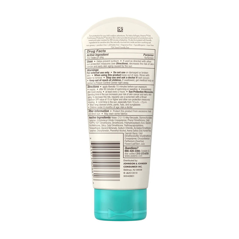 Aveeno Kids Continuous Protection Sensitive Skin oxide Sunscreen Brad Spectrum SPF 50