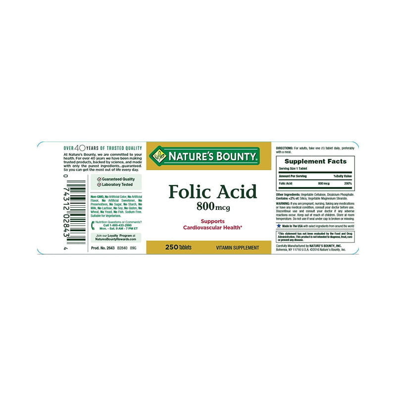Nature’s Bounty Folic Acid 800 mcg Maximum Strength