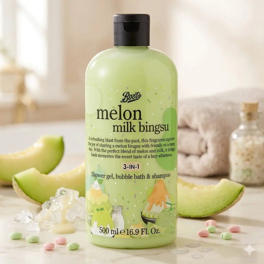 Boots Melon Milk Bingsu 3-in-1 Shower Gel, Bubble Bath & Shampoo 500ml