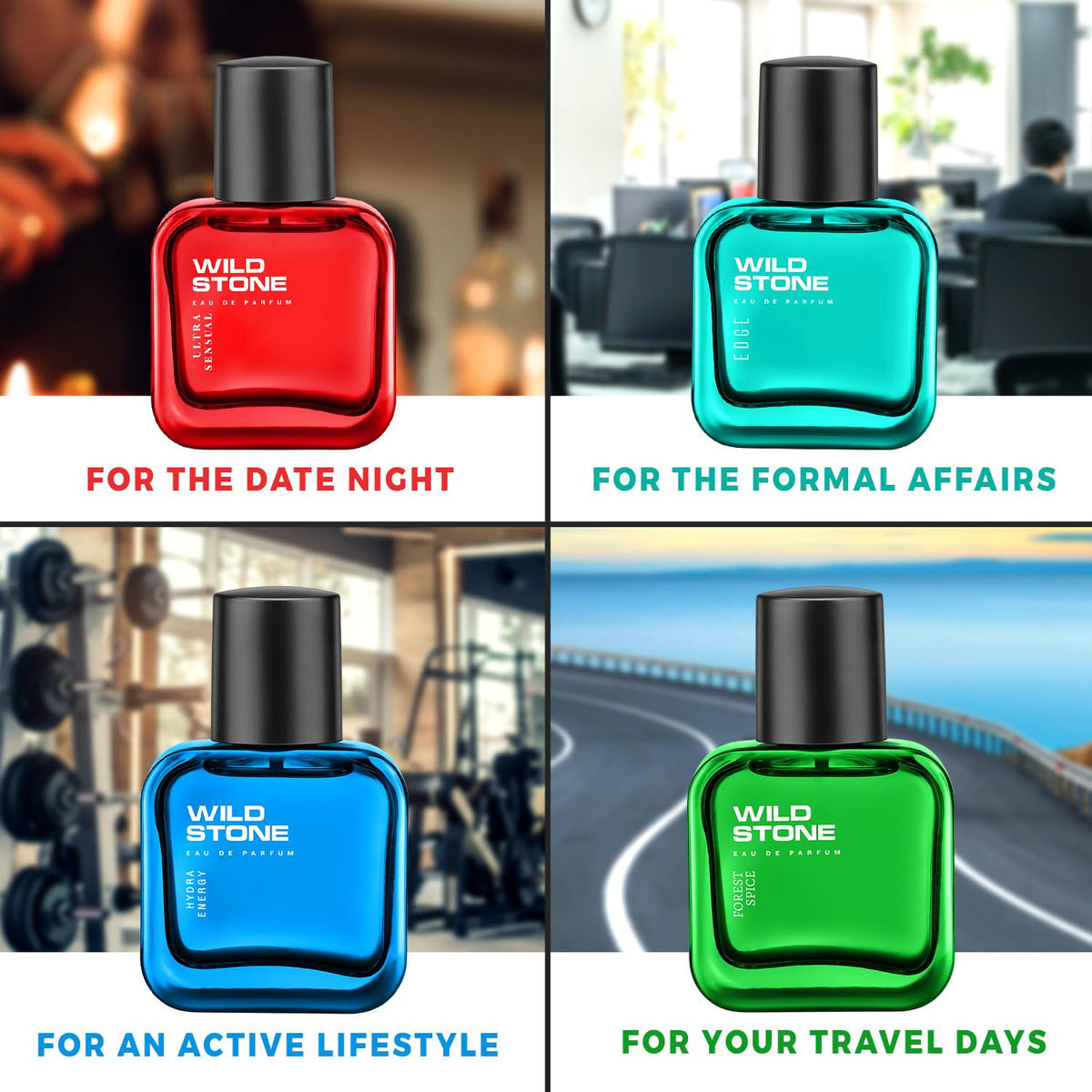 Wild Stone EAU DE Parfum Gift Set for Men, Pack of 4 (4x30ml) | Premium Fragrance Gift Set | Edge,Ultra Sensual, Hydra Energy & Forest Spice Luxury Perfume