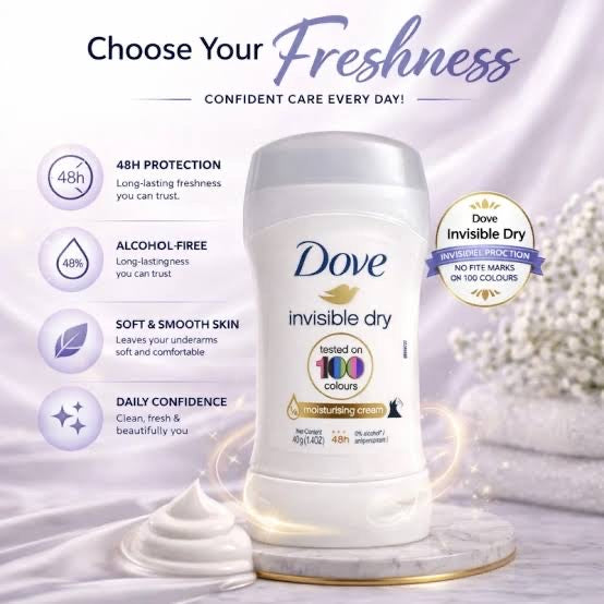 Dove Invisible Dry Moisturising Cream 48H Anti-Perspirant Deodorant Stick Size: 40ml