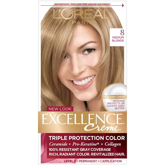 L'Oreal Paris Excellence Crème Permanent Hair Dye, Triple Care Hair Color with Hyaluronic Acid for 100% Gray Coverage, 8 Medium Blonde