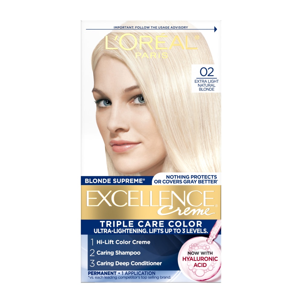 L'Oreal Paris Excellence Crème Permanent Hair Dye, Triple Care Hair Color with Hyaluronic Acid for 100% Gray Coverage, 02 Extra Light Natural Blonde