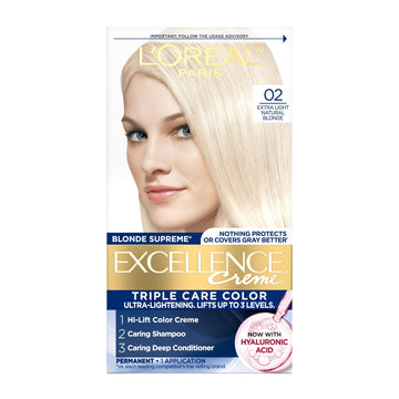 L'Oreal Paris Excellence Crème Permanent Hair Dye, Triple Care Hair Color with Hyaluronic Acid for 100% Gray Coverage, 02 Extra Light Natural Blonde