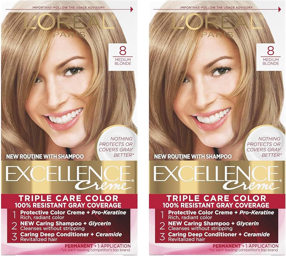 L'Oreal Paris Excellence Crème Permanent Hair Dye, Triple Care Hair Color with Hyaluronic Acid for 100% Gray Coverage, 8 Medium Blonde