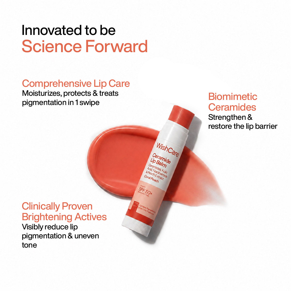 WishCare Coral Peach Ceramide Lip Balm SPF 50 PA++++ with Kojic Acid & Niacinamide 5g